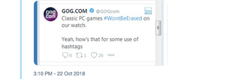 Illustration for article titled GOG Account Publishes Yet Another Awful Tweet